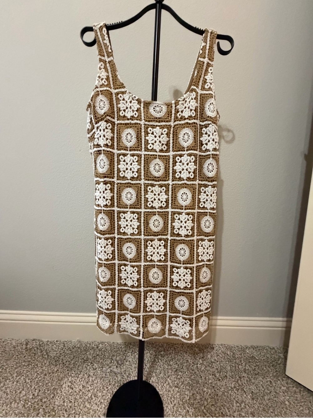 LOFT Beige and White Crochet Square-Panel Mini Dress